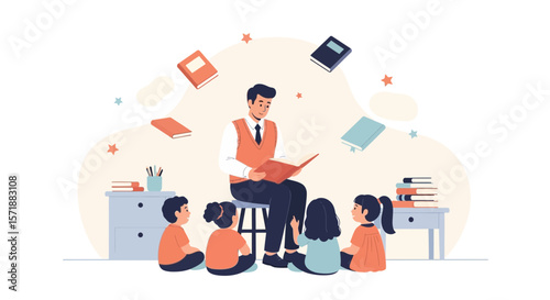 Engaging Storytime With Teacher Surrounded By Children And Floating Books