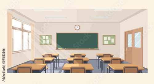 Classroom Scene With Chalkboard And Empty Desks For Back To School Concept