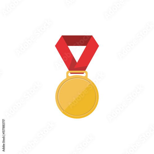 Gold Medal Vector Illustration | Flat Award Icon with Red Ribbon | Victory, Achievement, Sports Design