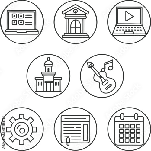 Collection of eight circular line art icons featuring technology education music and civic buildings
