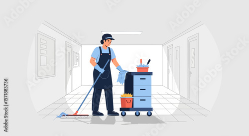 Cleaning Lady With Mop And Cart In Hallway Cleaning Service Hygiene