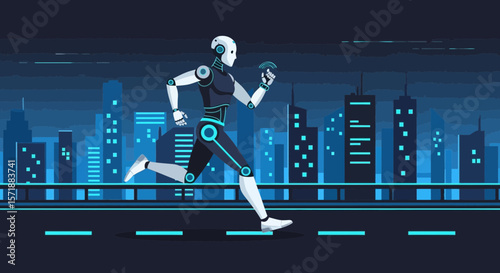 Futuristic Runner: A Robot Training Through a Neon Cityscape at Night