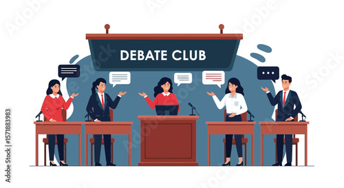 Debate Club Meeting Illustration Featuring Speakers, Podium And Text Bubbles