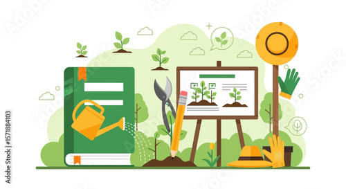 Gardening Knowledge With Watering Can And Book, Illustration Of Planting Steps