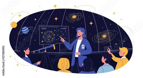 Astronomy Class Under Stars Teacher Explains Celestial Map To Students In Planetarium