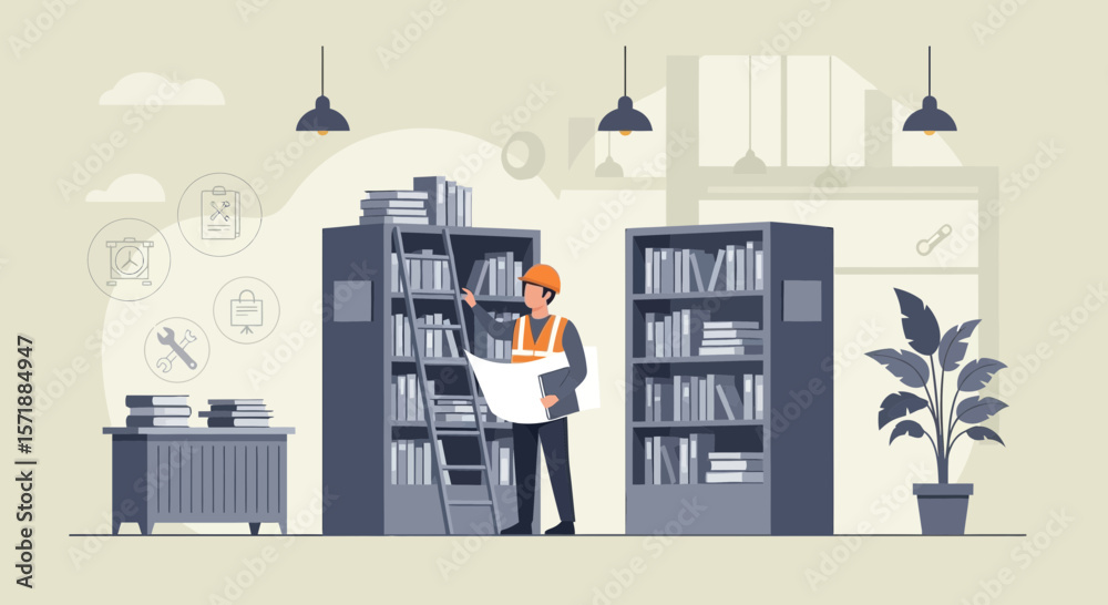 Obraz premium Engineer Reviews Blueprint Plans Near Bookshelves Inside A Modern Library