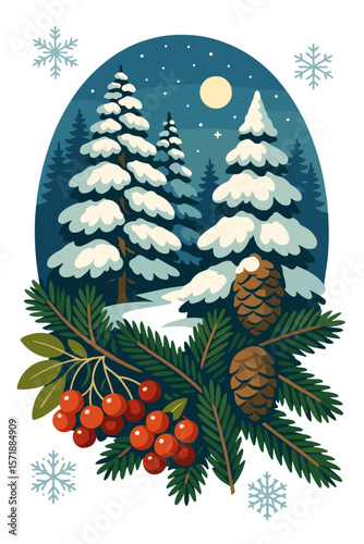 Winter forest scene with snowy pine trees, cones, and red berries on dark blue night background, holiday illustration