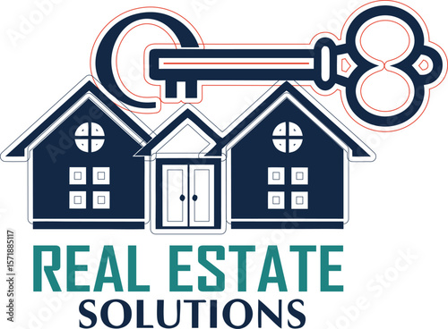 Dark blue houses and key symbol with text Real Estate Solutions home