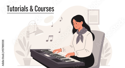 Girl Learning Piano Keyboard At Home And Watching Online Tutorials Courses