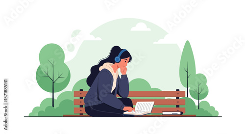 Girl On Bench Studying In Park With Headphones For Educational Theme
