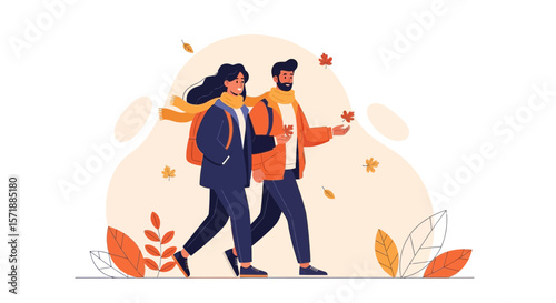 Autumn Stroll Couple Enjoying Foliage Casual Walk Together Flat Vector Illustration