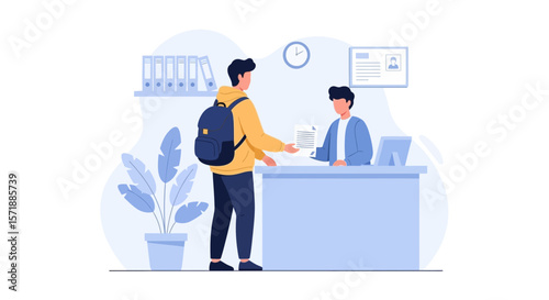 College Enrollment Illustration Depicts Student Submitting Application Materials at Counter