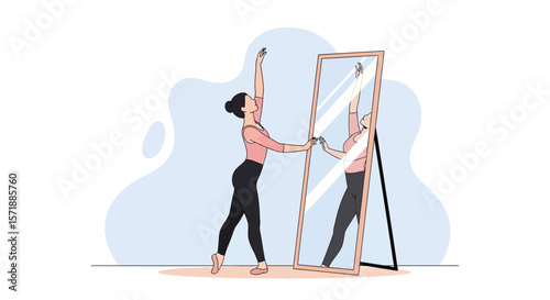 Ballet Dancer Practicing In Front Of The Mirror To Refine Her Movements