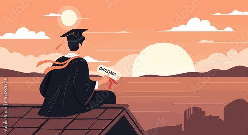 Graduate Celebrates Achievement On Rooftop At Sunset After Receiving Diploma