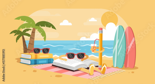 Beach Day For Books Enjoying Summer Reading Vacation And Relaxing By The Sea