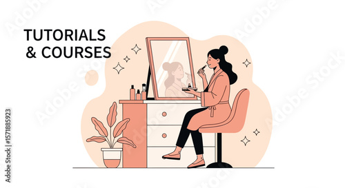 Beauty Online Tutorials And Courses Platform With Woman Applying Makeup In Front Mirror