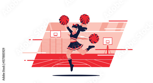Enthusiastic Cheerleader In Action At Basketball Court Illustration