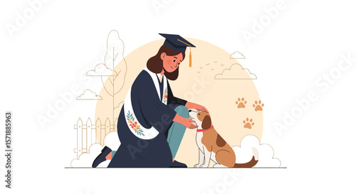 Graduate Celebrating Achievement With Pet Dog Affection Illustration Design