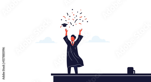 Graduate Celebrating With Confetti Tossing Graduation Cap After University Graduation Ceremony