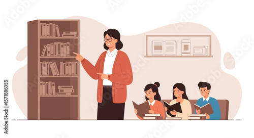 Enthusiastic Librarian Guiding Students During Their Reading Time In The Library