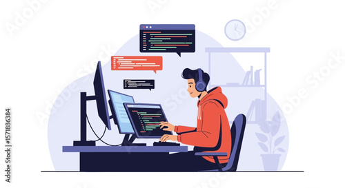 Developer Working Coding on Multiple Screens at Home or in the Office
