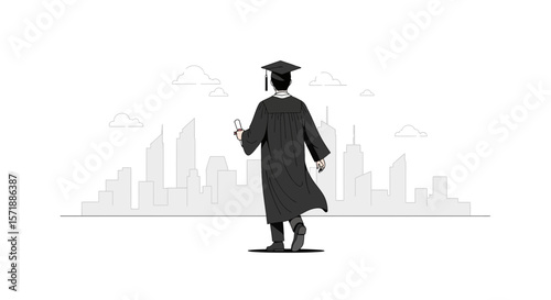 Graduate Heading Towards Bright Future With Diploma In Hand Overlooking City