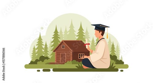 Graduate Meditating Near Cabin after Graduation Ceremony in Peaceful Nature