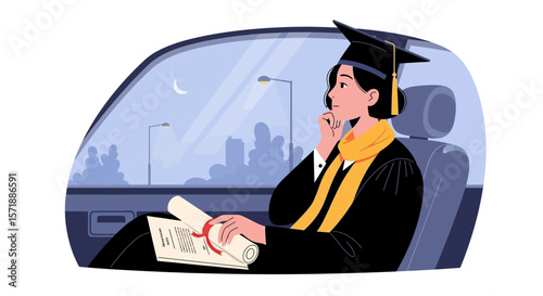 Graduate On Car Thinks About Future Aspiration Degree Higher Education Achievement