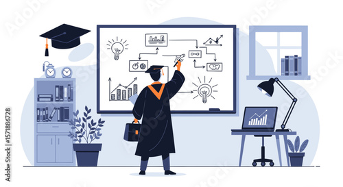 Graduate Planning Business Strategy on Whiteboard at Home Vector Illustration