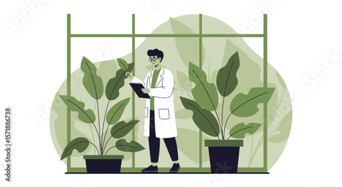 Botanical Research Scientist In Greenhouse Inspecting Plants And Taking Notes