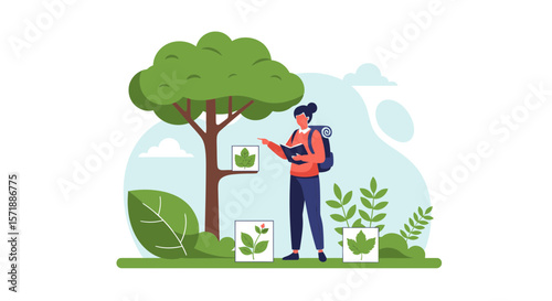 Botanist Woman Character Studying Leaves with Backpack Outdoor Nature Research