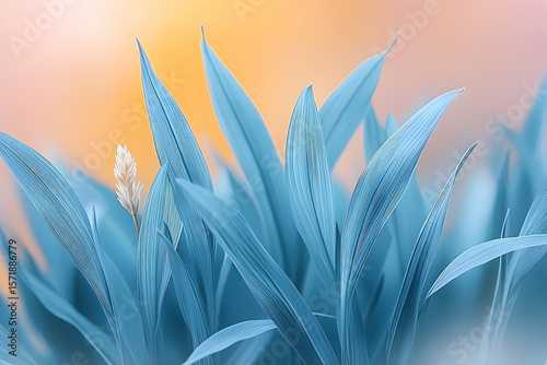 Serene blue leaves and a single white flower against a soft peac