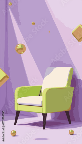 VIP lounge chair with geometric shapes floating around in a soft purple backdrop, abstract interaction concept of interior design and modern decor