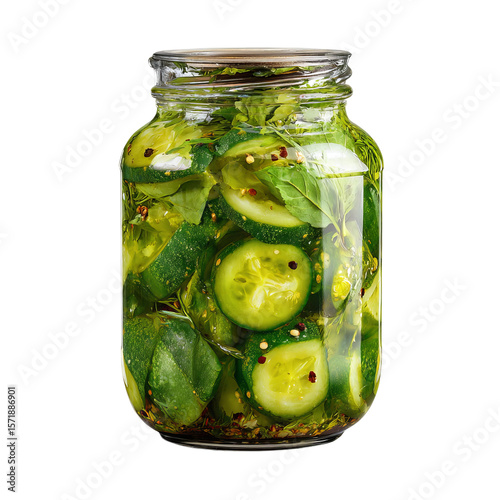 A jar of homemade pickles, filled with sliced cucumbers, herbs, and spices, preserved in brine