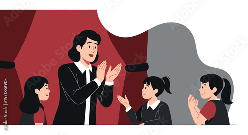 Enthusiastic Teacher Applauding Students On Stage Performance Illustration