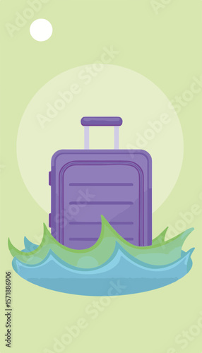 Vibrant purple suitcase partially submerged in lime waves, minimalistic beach background, travel concept.
