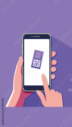 Hand holding smartphone displaying digital ticket with QR code on purple and lime minimalistic background, concept of event management and ticketing services