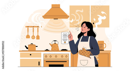 Concerned Woman Notices Smoke In The Kitchen Caused By Cooking Mistake