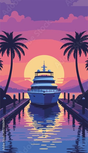 Yacht docked in vibrant marina at sunset with palm trees, relaxed luxury concept.