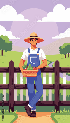 Smiling young male farmer leaning against wooden fence, holding basket of fresh produce, in minimalistic purple and lime countryside, agriculture concept.
