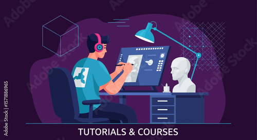 Digital Artist Engaged In Creating 3d Graphics On A Computer During Online Course