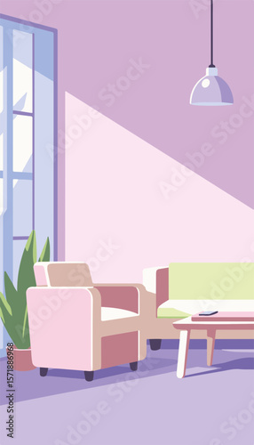 Cozy pastel living room with armchair and lamp, minimalistic design, purple and lime background, concept of relaxation and home comfort, interior design, home decor.