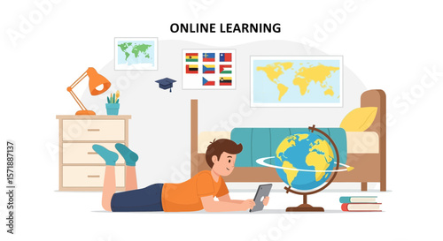 Boy Learns Geography Online Using Tablet In Room With World Map