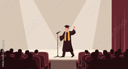 Graduate Speech Event Illustration On Stage With Audience Members Viewing Ceremony