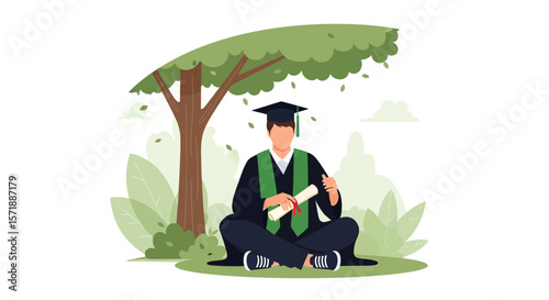 Graduate Student Celebrates Under Tree Relaxing After Ceremony Accomplishment