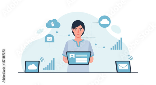 Connected Person Analyzing Cloud Data on Tablet and Laptops for Business Strategy