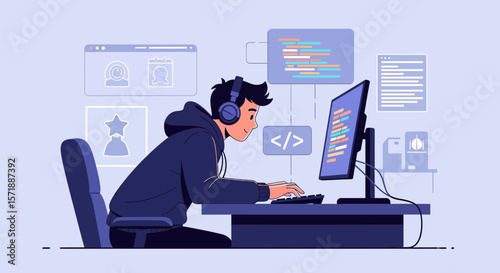 Enthusiastic Young Coder Immersed In Complex Programming Task At His Computer Desk
