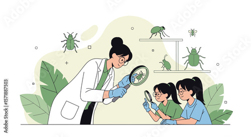 Entomology Class Students Inspecting Beetle Specimens Under Supervision Of A Female Teacher