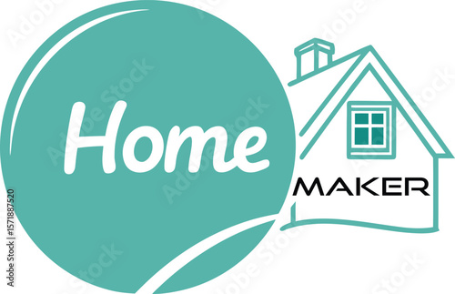Teal circle with white text Home next to teal outline house with window and text Maker