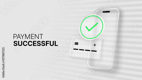 Payment successful text with a smartphone, credit card, and green checkmark. Digital online transaction concept for banking application.